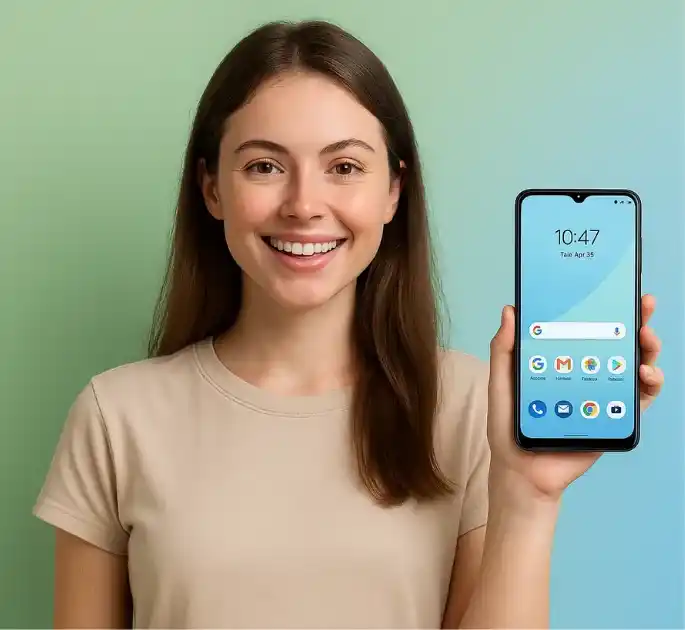 Pessoa sorridente segurando um celular Android recém-formatado com desempenho renovado, sobre um fundo claro e leve.