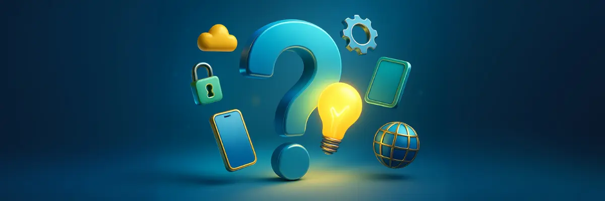 Banner da seção FAQ, com ponto de interrogação e ícones tecnológicos brilhantes.