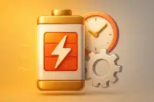 Miniatura de podcast sobre bateria de celular, com ícone de bateria e relógio.