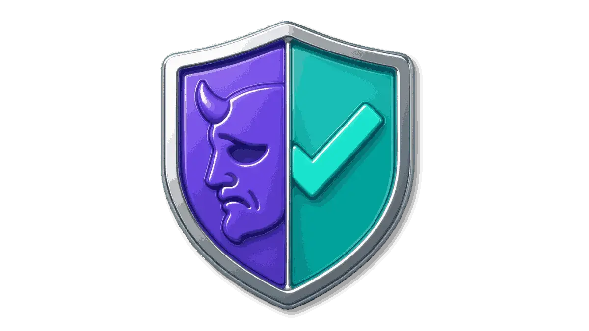 Ícone 3D de uma máscara dividida ao meio: metade rosto teatral e metade escudo com símbolo de 'check', acabamento brilhante em roxo e verde-azulado e fundo transparente.
